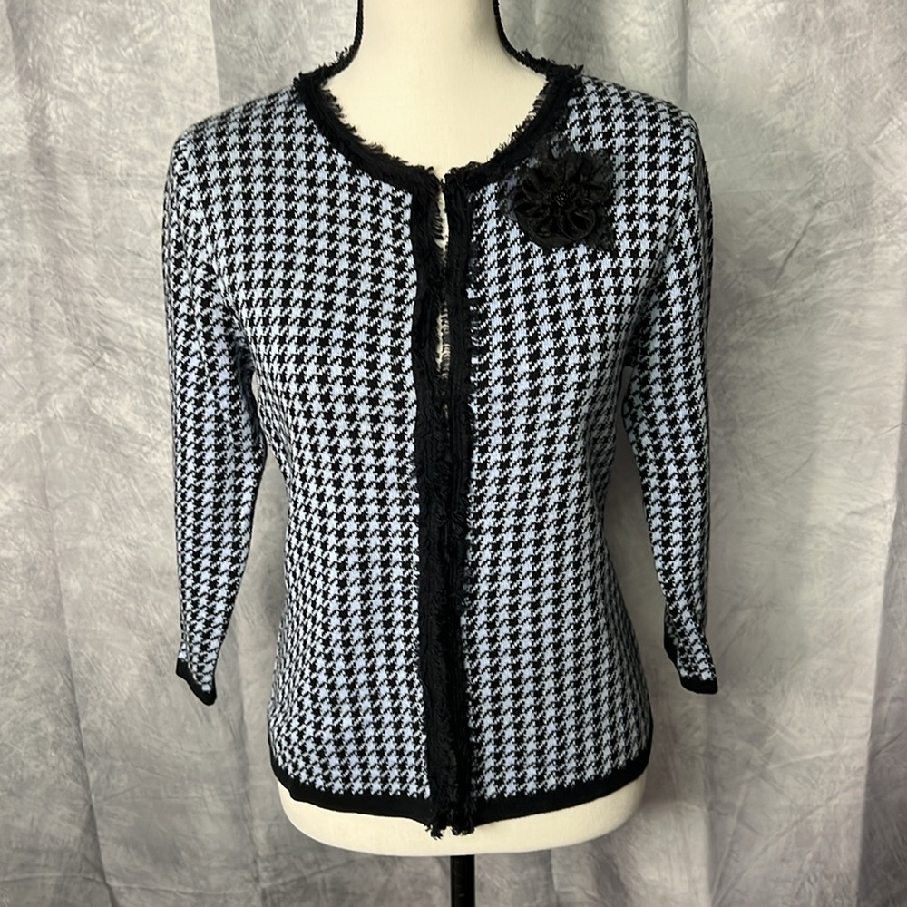 Crystal-Kobe Blue and Black Houndstooth Cardigan Sweater with Floral Pin Accent - Picture 6 of 11